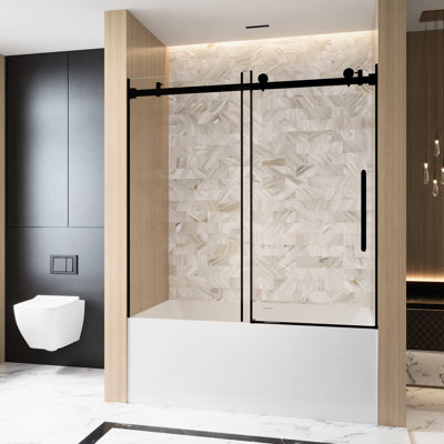 Porte de douche coulissante simple pour salle de bain 56 - l 60 po x H 60 po, verre trempé transparent de 6 mm, film, rail carré noir mat, poignée en acier inoxydable, conception américaine, grandes roues pour une longue durée