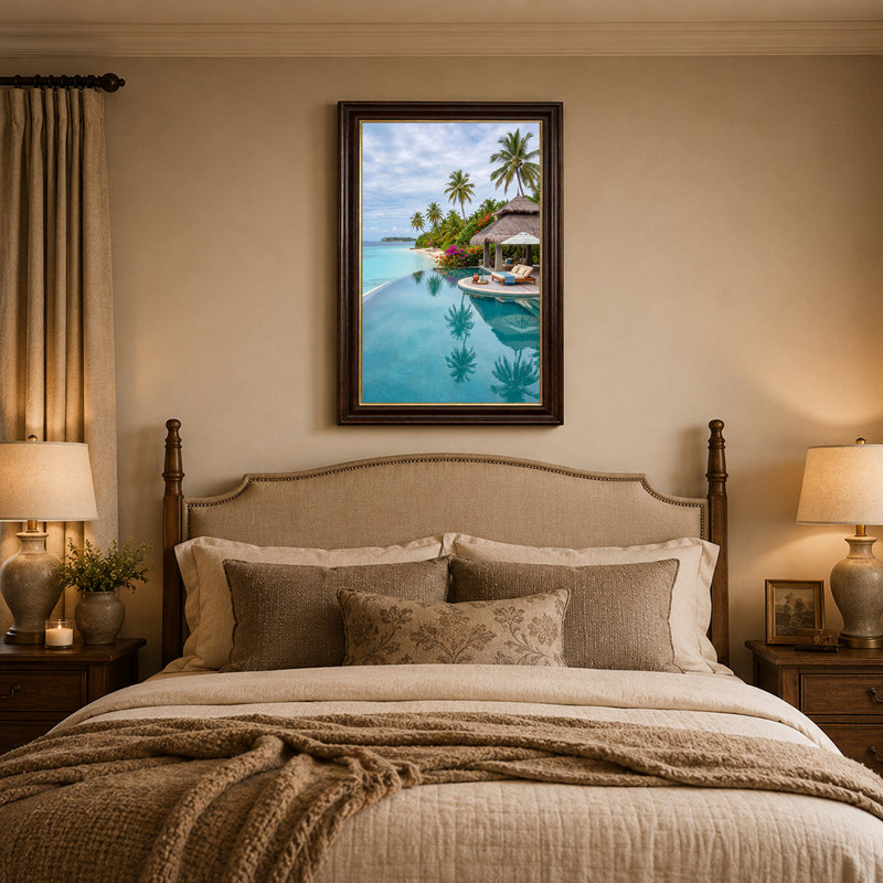 Art mural sur toile turquoise avec piscine au toit de chaume et palmiers, 24"H x 16"W