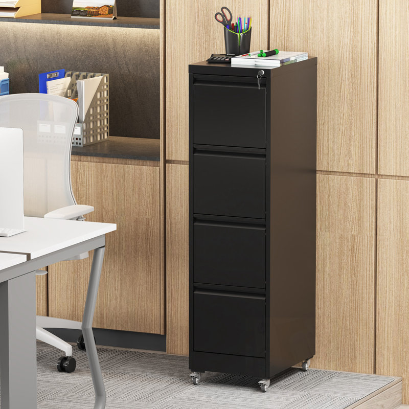 Classeur en métal avec roulettes, serrure et 4 tiroirs, Noir
