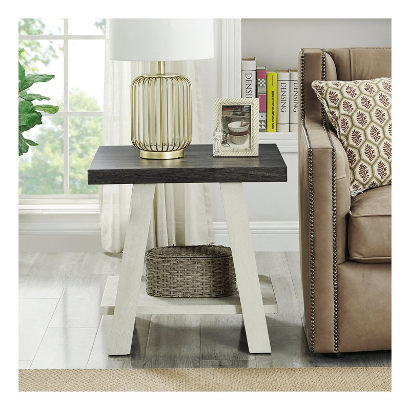 Table de bout avec rangement Angeleca, H 22 po x l 23,5 po x P 14 po, Beige/gris