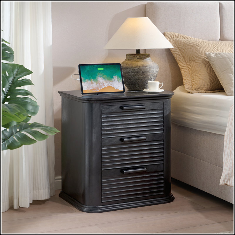 22 Inch Wide Fluted Nightstand with Charging Station, Black Woodgrain
