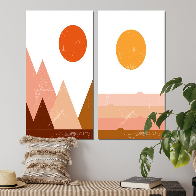 «Retro Sunrise Landscape with Moon IV», ensemble de 2 impressions, Toile tendue, H 20 po x l 24 po x P 1 po