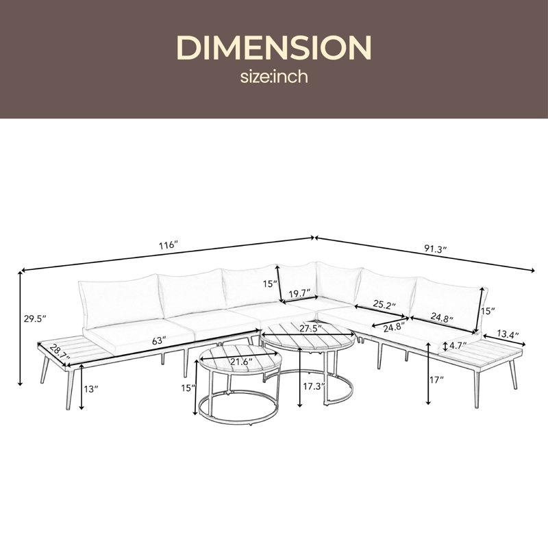 Tanzim 116'' Wide L-Shaped Patio Sectional Set with Cushions, Beige