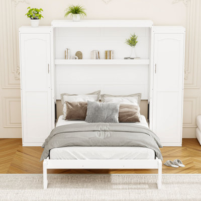 Lit escamotable en bois avec armoire intégrée et tablettes de rangement