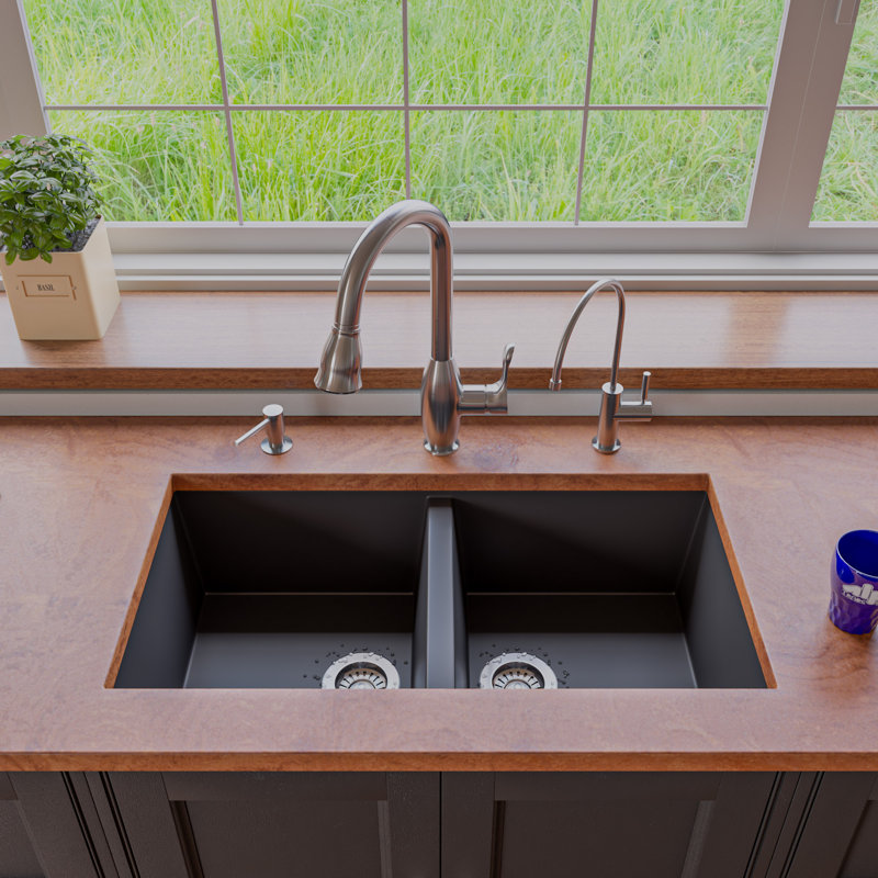 34'' L Double Bowl Granite Kitchen Sink, Black