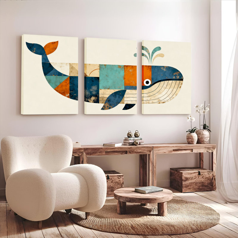 Baleine géométrique, reproduction d'art sur toile, ensemble de 3 patchwork moderne, H 24 po x l 48 po