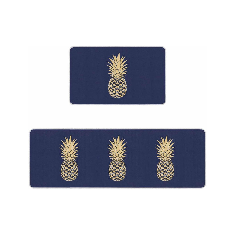 Tapis de cuisine à motif ananas pour cuisine et vestibule, bleu marine, or, ensemble de 2 décorations pour la maison