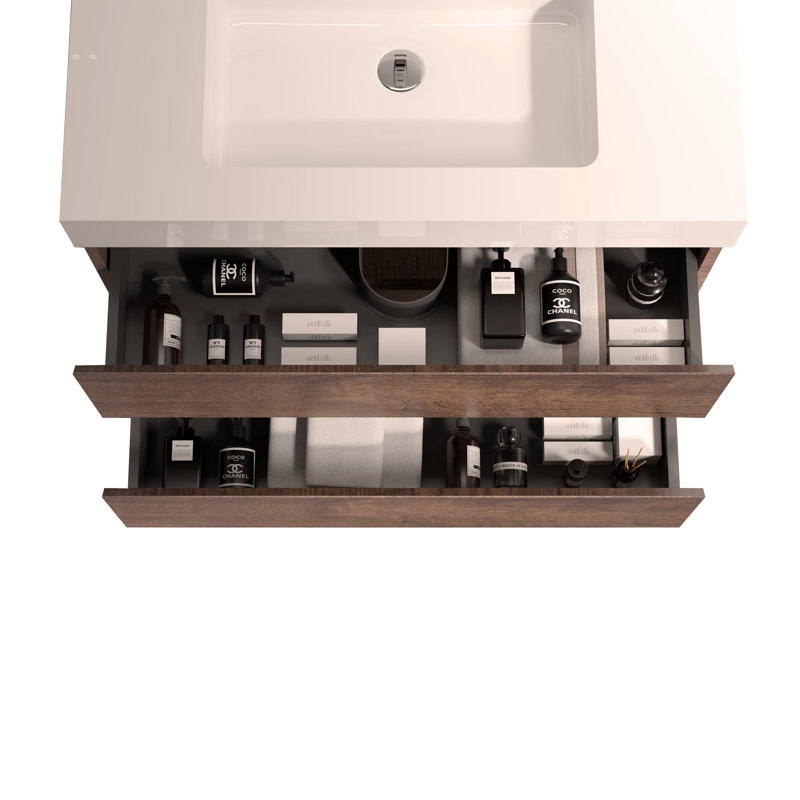 Meuble-lavabo mural 24 po avec lavabo, grand meuble-lavabo flottant mural pour salle de bain, Blanc/noyer