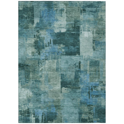 3' X 5' Teal Blue And Pale Aqua Abstract Washable Indoor Outdoor Area Rug