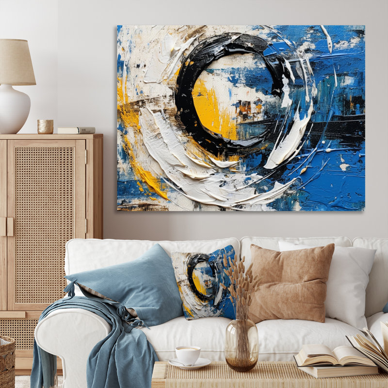 Fusion cubiste bleue et blanche sur toile, Toile tendue, H 34 po x l 44 po x P 1,5 po