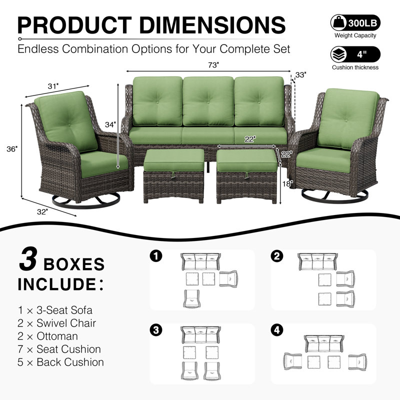Wicker 5 - Person Patio Conversation Set with Cushions, Green