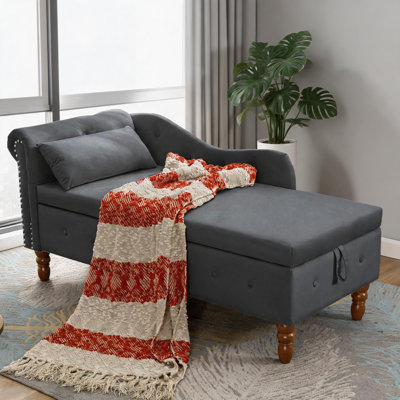 1-Seater Upholstered Storage Chaise Lounge Mid-Century Style Classic Black Velvet for Indoor Bedrooms Living Rooms