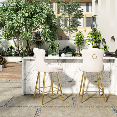 Bar Stools Set Of 2, Velvet Counter Height Bar Stools With Metal Legs, Button Tufted And Nailheads Trim, Wing-Back Bar Chairs For Kitchen Island Dinin
