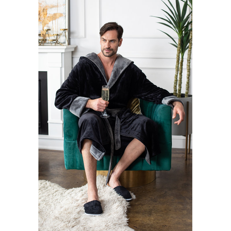 LOTUS LINEN - Peignoir moelleux à capuche, M / G, Noir / gris