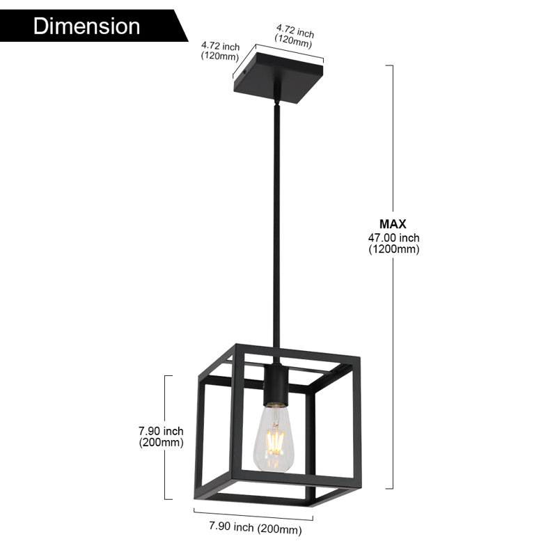 Luminaire suspendu carré à 1 lumière, Noir
