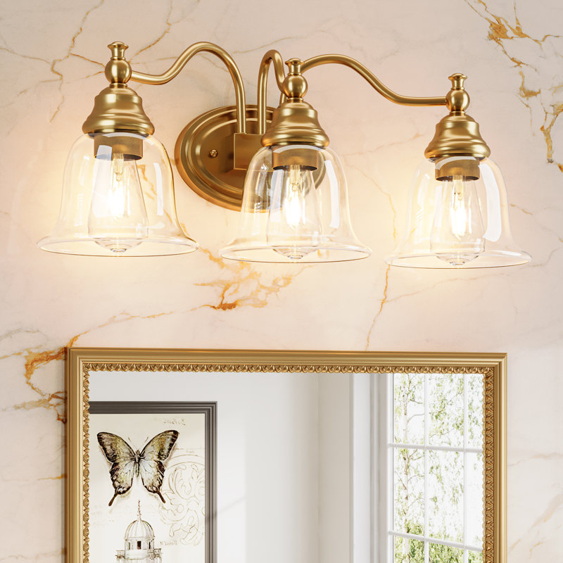 3-Light Bathroom Light Fixtures, Modern Vanity Light with Clear Glass Shade, Gold