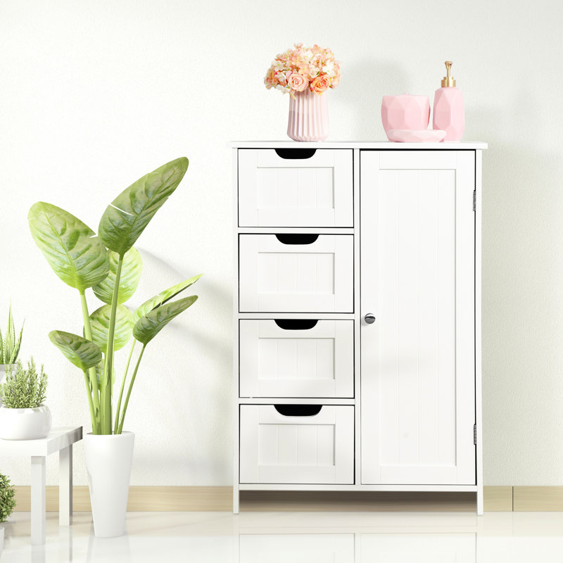 Armoire de salle de bain blanche avec tablette réglable et 4 tiroirs à lattes