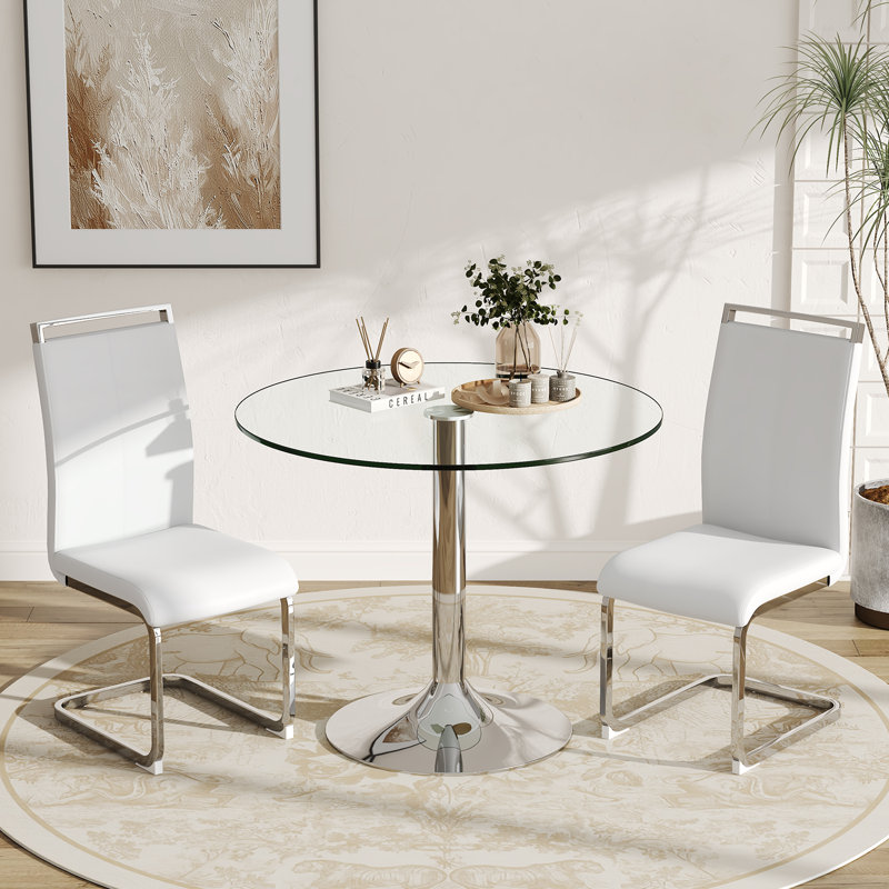 Ensemble de table de salle à manger moderne en verre trempé avec chaises rembourrées en similicuir, Blanc