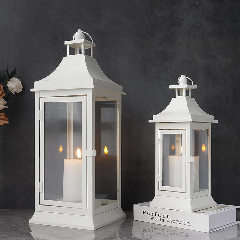  Set of 2 50cm & 33cm Tall Outdoor Candle Lanterns (White)