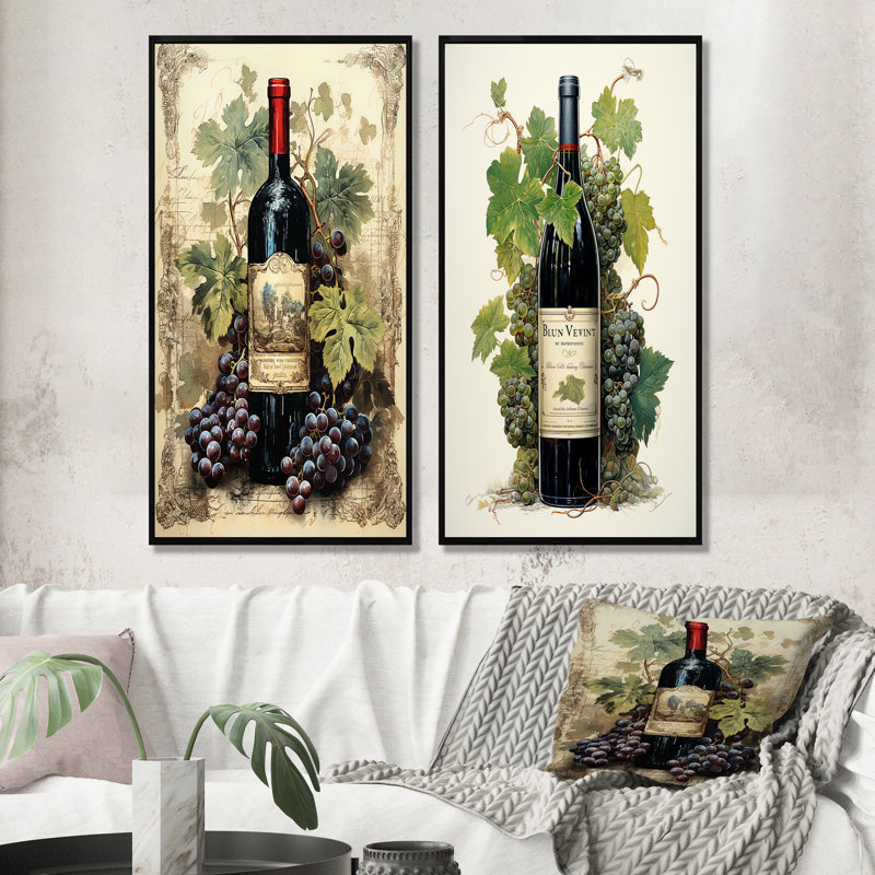 French French Wine Bordeaux Bounty - Ensemble de 2 décorations murales vin et champagne, Cadre noir, H 40 po x l 41 po