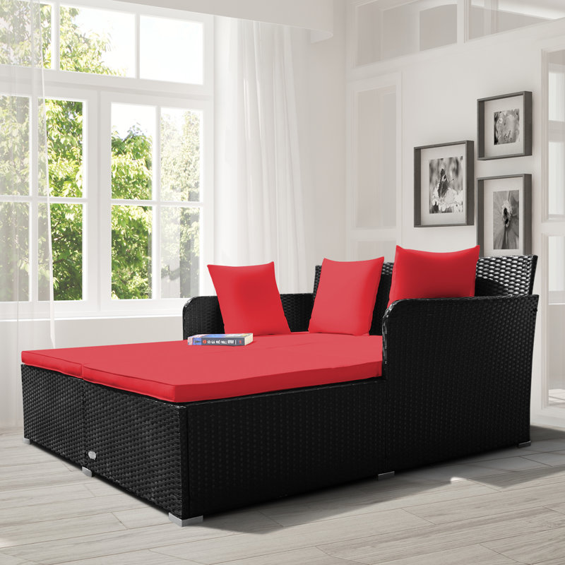 Tennon 155 cm W Wicker Patio Daybed with Cushions, Red