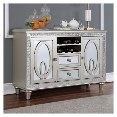 Desserte contemporaine en argent avec accents de miroir et tiroirs de rangement en bois d'hévéa massif