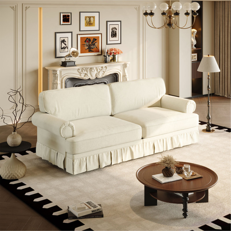 Canapé en tissu luxueux et confortable à 3 et 4 places avec accoudoirs roulés et jupe plissée, siège en tissu 26,4 po pour siège d'appoint, bureau