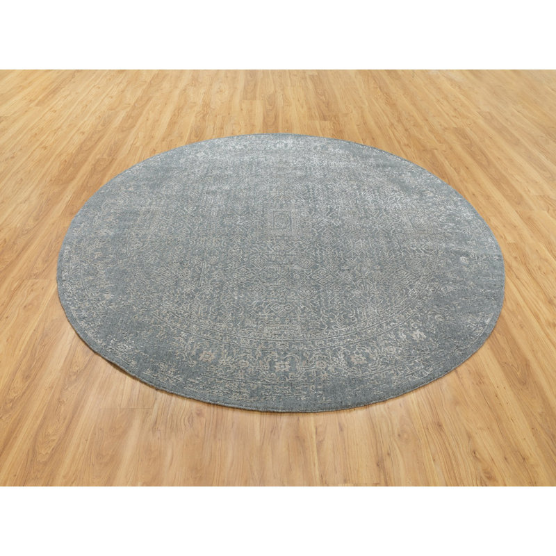 Tapis décoratif rond en gris noué à la main de conception unique 7 pi 10 po Cevdet
