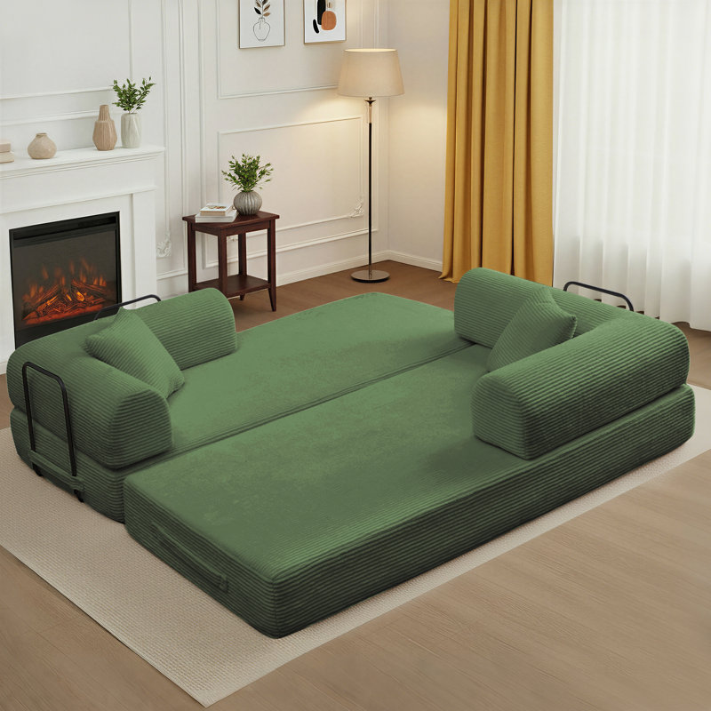 78" Compression Corduroy Queen Futon Convertible Sofa Bed with 2 Pillows, No Assembly Required, Green Corduroy