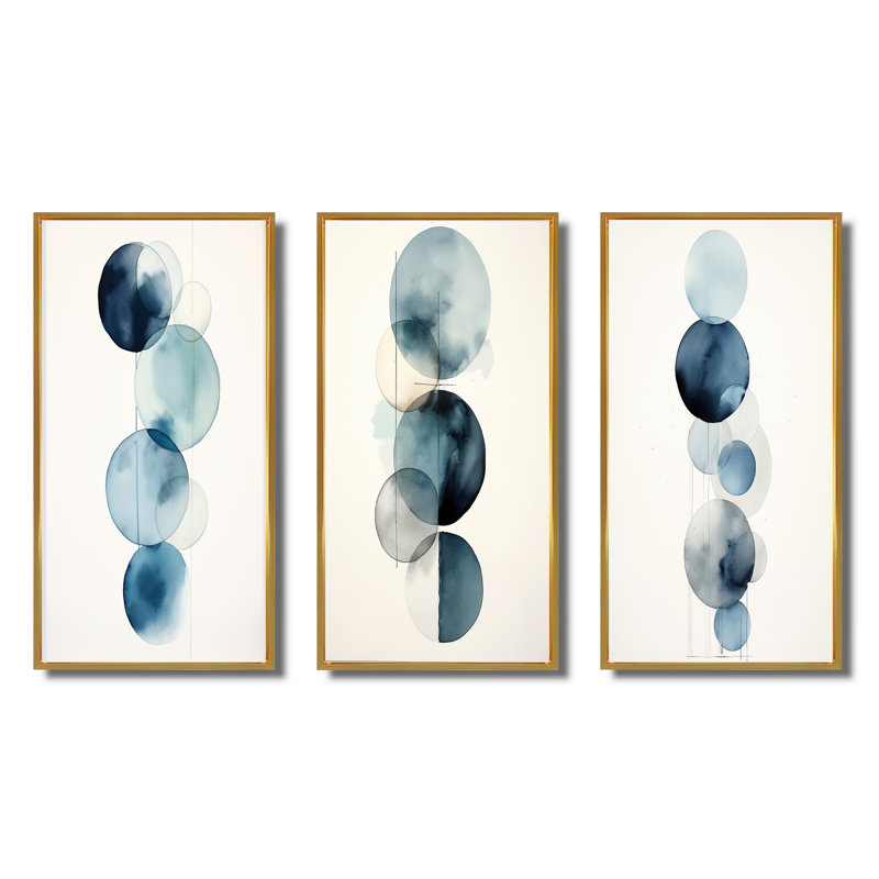 «Circular Simplicity Watercolor In Retro Blue V», 3 pièces sur toile, Cadre flottant doré, H 28 po x l 36 po