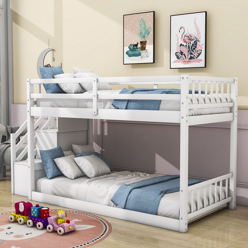 Kendry Kids Twin Over Twin Bunk Bed with Storage Stairs, White
