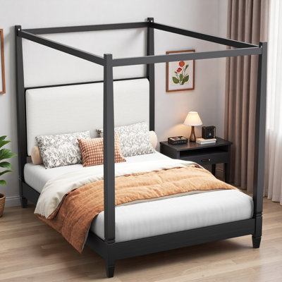 Lit plateforme à baldaquin avec tête de lit tapissier et pieds robustes