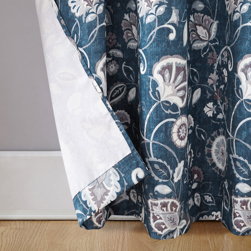 Curson Botanical Print Thermal Insulated Room Darkening Grommet Curtain Panel, Blue, 40"W x 63"L