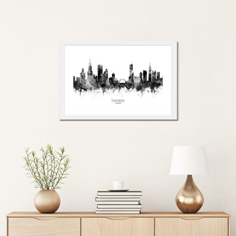 Impression d’art graphique, "Chicago Illinois Skyline" par Michael Tompsett, H 16 po x l 24 po x P 1 po, Papier encadré blanc