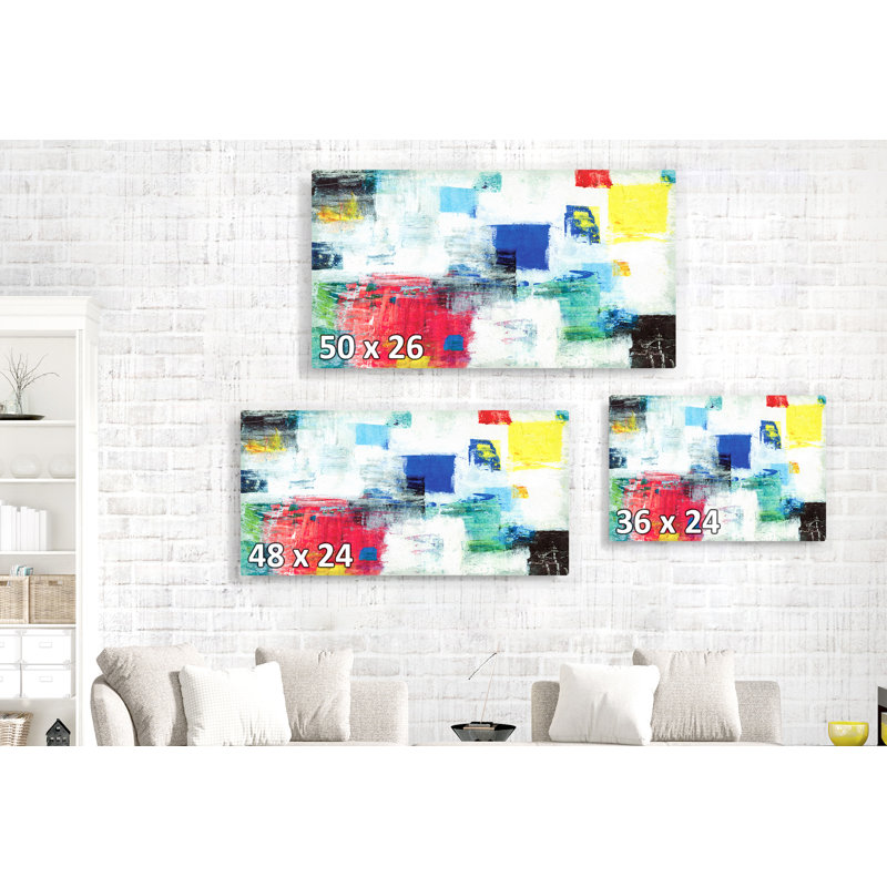 Carrés en abstrait, gemmétrique, rouge, blanc, bleu, jaune, noir, H 24 po x l 48 po x P 1,5 po