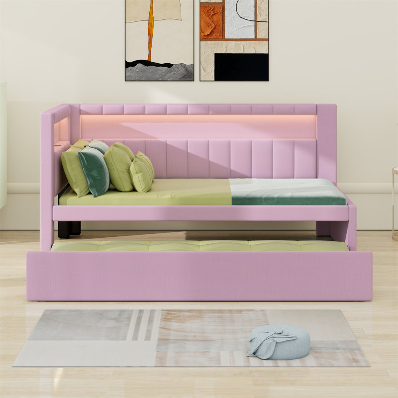 Lit plateforme tapissier avec ports USB et ceinture à DEL, avec lit gigogne, Rose