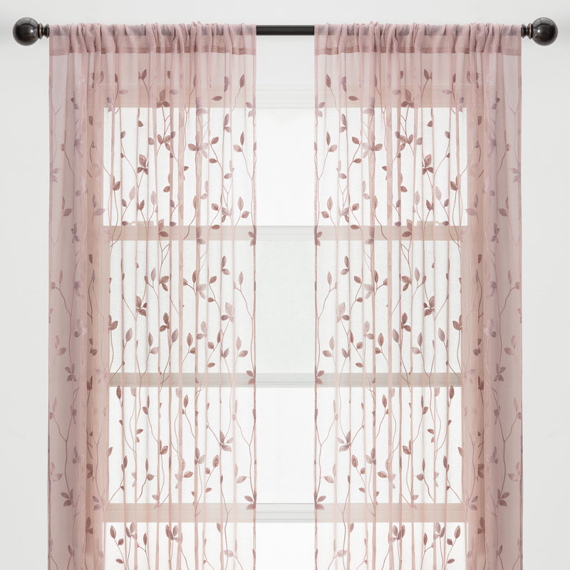 Aliaa 2 Panel Vine Leaf Embroidered Textured Sheer Curtain with Rod Pocket, Rose Dust, 52" W x 84" L