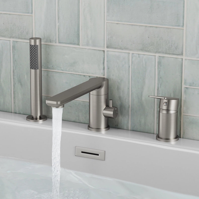 Single Handle Deck Mounted Roman Tub Faucet with Hand Shower & Swivel Spout, Brushed Nickel