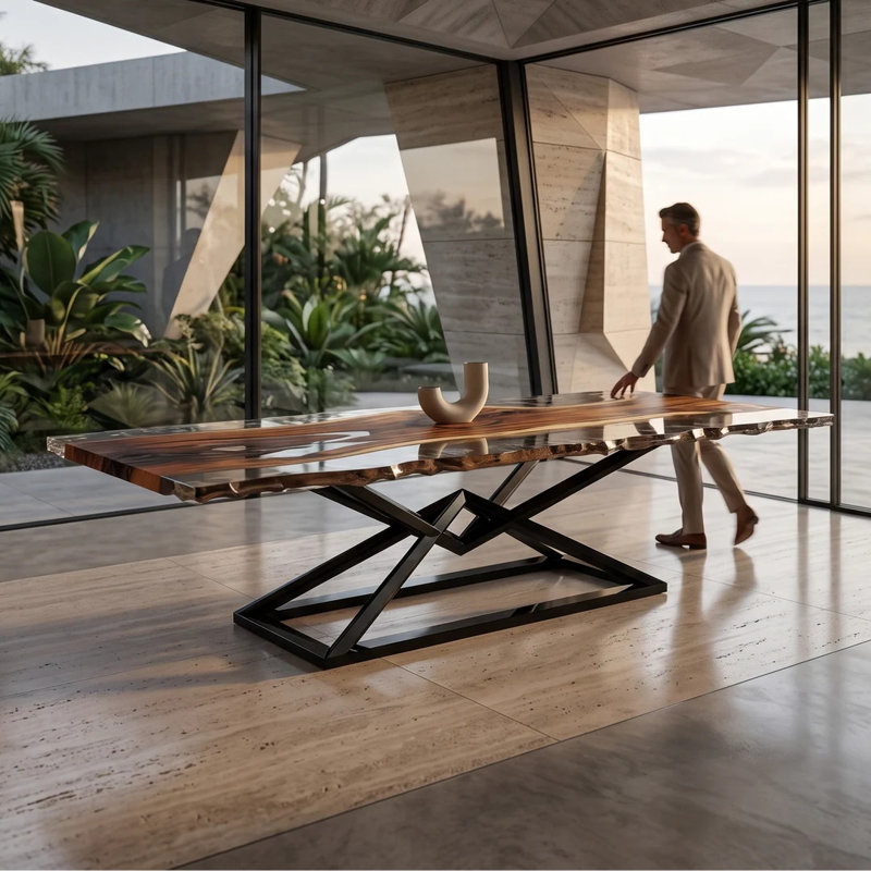Table de salle à manger à piédestal en acier Abruzzo, L 48 po x L 108,3 po