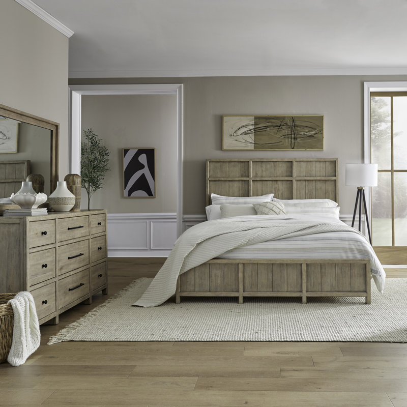 Ensemble de chambre à coucher avec lit à panneaux, commode et miroir Aason, King