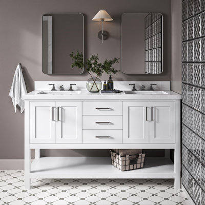 Meuble-lavabo double 61 po Magnolia avec comptoir en quartz blanc pur 1,5 po et lavabo rectangulaire