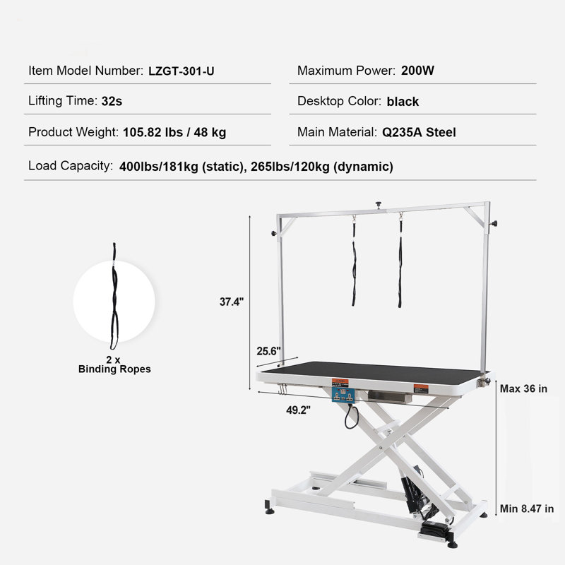 Table de toilettage électrique pour animaux de compagnie de 127 cm (50 po), charge maximale de 181 kg (400 lb), bras de toilettage robuste pour grands chiens, station de toilettage réglable en hauteur, plateau antidérapant.