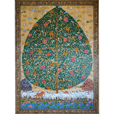 Handmade Wish-Granting Kalpavriksha Tree with Sacred Cows – Pattachitra Art on Tussar Silk (48"x36") | Indian Mythology Wall Decor | By Purna Chandra