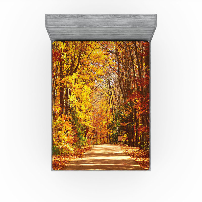 Ambesonne Fall Fitted Sheet 2-Pack Scenic Outdoors Empty Road Redwood Yellow Orange, Full Fitted Sheet