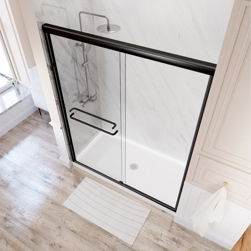 55" - 59'' W x 72'' H Double Sliding Door Semi-Frameless Shower Door With Two Towel Bars, Matte Black, Clear