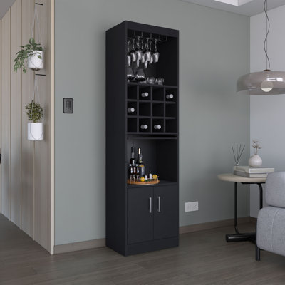 Armoire de bar haute de 71 pouces à 5 niveaux avec porte-verres à pied en verre, armoire à vin, armoire à boissons alcoolisées, casiers à 12 bouteilles, 5 tablettes et plateau escamotable Kevil