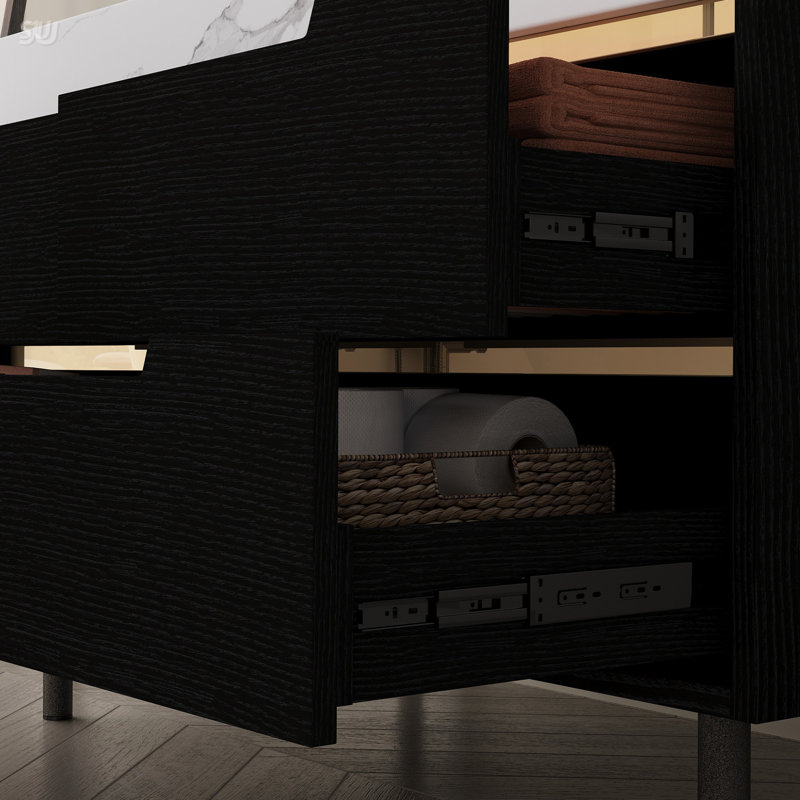 Modern Bathroom Vanity With Undermount Sink, Sintered Stone Top, Waterproof Multi-Layer Solid Wood, 4 Drawers, Free-Standing/Wall-Mounted