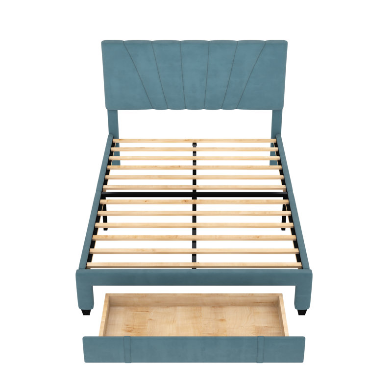 Lit plateforme tapissier avec rangement Johnita, Bleu