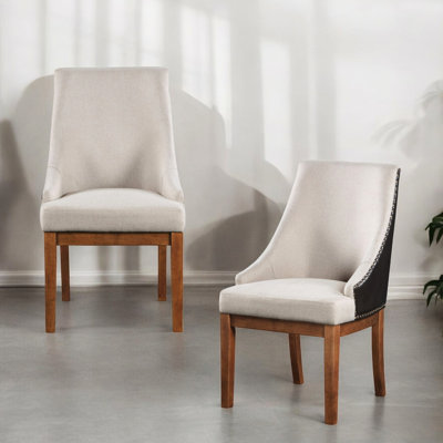 Of 2 Brown Fabric And Synthetic Leather 2-tone Upholstered Side Chairs With Nailhead Trim, 19" Seat Depth, 26" Armrest Height, 14" Floor , 220lbs Weig