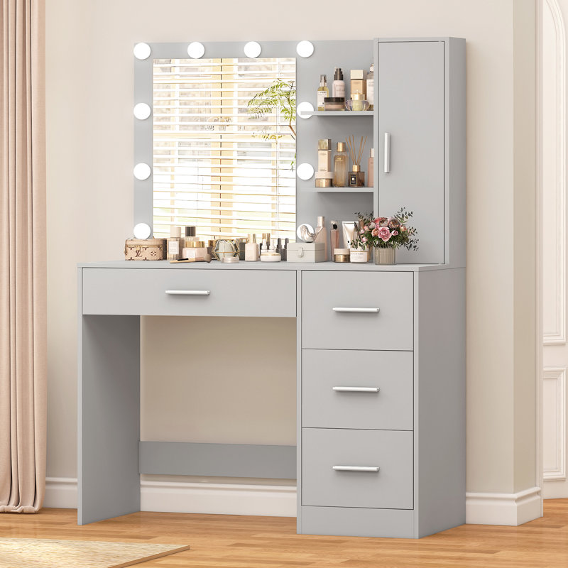 Meuble-lavabo avec miroir, cadeaux de Noël lumineux, bureau de meuble-lavabo avec 4 tiroirs et tablettes ouvertes pour la chambre à coucher, noir
